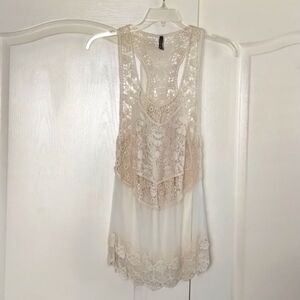 Vanity cream mesh and crochet sheer layering piece sleeveless size small blouse